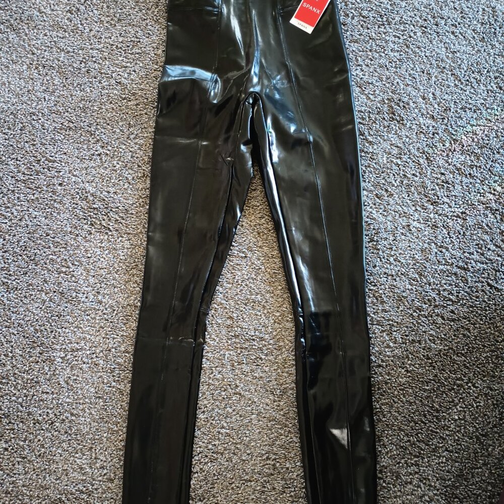 NWT Spanx Black Faux Leather Patent Leggings, Size Small, Tall